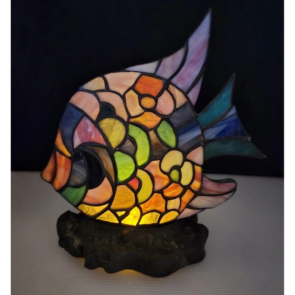 Vtg Quoizel Tiffany Style Stained Glass Tropical Fish Table Lamp No Cord or Bulb - Picture 14 of 16